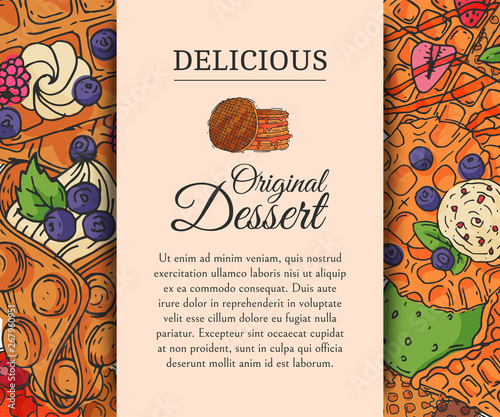 Crispy wafer poster chocolate cream flavor belgian original dessert cookie vector illustration. Sweet food snack biscuit with cream. Waffle tasty pastry bakery delicious confectionery caramel.