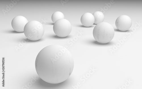 White abstract background. Set of white balls isolated on white backdrop. 3D illustration