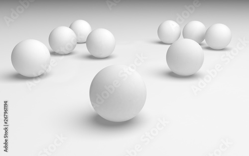 White abstract background. Set of white balls isolated on white backdrop. 3D illustration