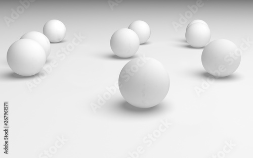 White abstract background. Set of white balls isolated on white backdrop. 3D illustration