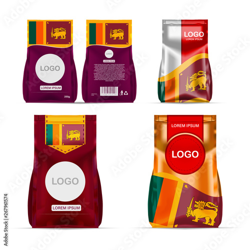 Fototapeta Naklejka Na Ścianę i Meble -  Foil food snack sachet bag packaging for coffee, salt, sugar, pepper, spices, sachet, sweets, chips, cookies colored in national flag of Sri Lanka. Made in Sri Lanka