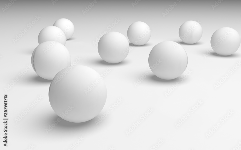 White abstract background. Set of white balls isolated on white backdrop. 3D illustration White abstract background. Set of white balls isolated on white backdrop. 3D illustration