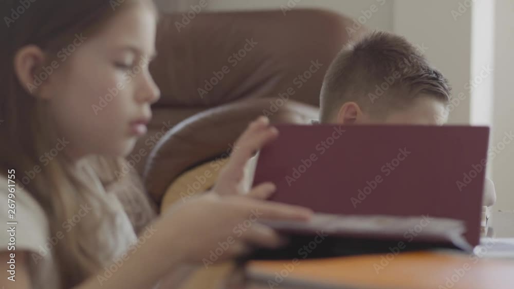 Close up portrait of sister and her tired brother twin leafing through notebooks with homework exhausted after school Close up portrait of sister and her tired brother twin leafing through notebooks with homework exhausted after school