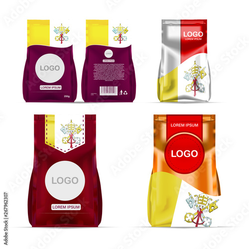 Fototapeta Naklejka Na Ścianę i Meble -  Foil food snack sachet bag packaging for coffee, salt, sugar, pepper, spices, sachet, sweets, chips, cookies colored in national flag of Vatican City. Made in Vatican City