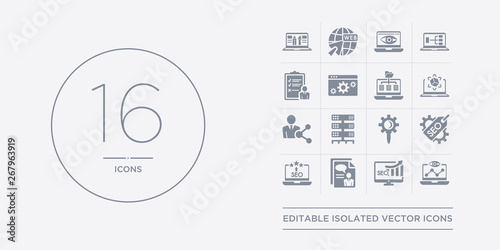 16 vector icons set such as seo monitoring, seo ranking, seo report, reputation, tags contains tools, server, sharing, simulation. monitoring, ranking, report from programming outline icons