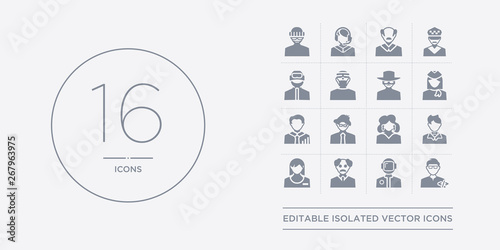 16 vector icons set such as programmer, racer, scientist, secretary, showman contains singer, software developer, statistician, stewardess. programmer, racer, scientist from professions outline