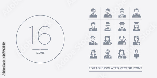 16 vector icons set such as obstetrician and gynecologist, office worker, orthodontist, painter, pediatrician contains pensioner, pharmacist, photographer, physician assistant. obstetrician and