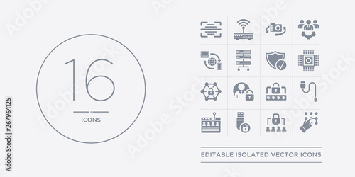 16 vector icons set such as passkey, password, pendrive security, phishing, phone cable contains pin code, privacy, private network, processor. passkey, password, pendrive security from internet
