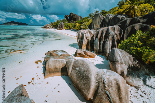 Anse Source d'Argent - Paradise beach with bizarre rocks, blue lagoon water on La Digue island in Seychelles photo
