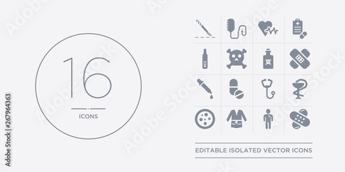 16 vector icons set such as patch, patient, patient robe, petri dish, pharmacy contains phonendoscope, pills, pipette, plaster. patch, patient, robe from health and medical outline icons