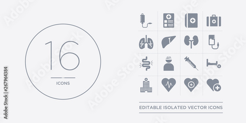 16 vector icons set such as healthcare, heart, heart rate, hospital, hospital bed contains injection, injury, intestine, intravenous. healthcare, heart, rate from health and medical outline icons