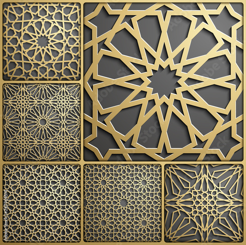Islamic ornament vector , persian motiff . 3d ramadan islamic round pattern elements . Geometric circular ornamental arabic symbol vector . Gold background