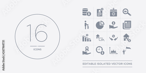 16 vector icons set such as rally, random walk theory, rate of return, ratings agencies, real estate investment trusts contains real interest rate, real values, recession, regulatory news service