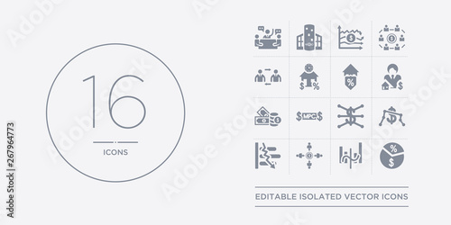 16 vector icons set such as margin, median, merger, microeconomics, minimum wage contains monetarism, monetary policy committee, money supply, mortgage broker. margin, median, merger from business