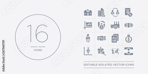 16 vector icons set such as horizontal merger, hostile takeover, house price surveys, hyperinflation, income protection insurance contains income statement, income tax, independent financial adviser
