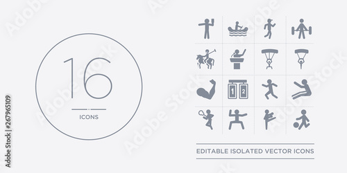 16 vector icons set such as kickball, kickboxing, kung fu, lacrosse, long jump contains marathon, match, mixed martial arts, muscle. kickball, kickboxing, kung fu from sport outline icons