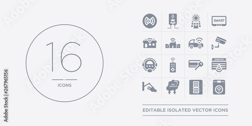 16 vector icons set such as washer machine, windows, zero emission, cctv, garage contains key card, remote control, robot vacuum cleaner, security camera. washer machine, windows, zero emission from
