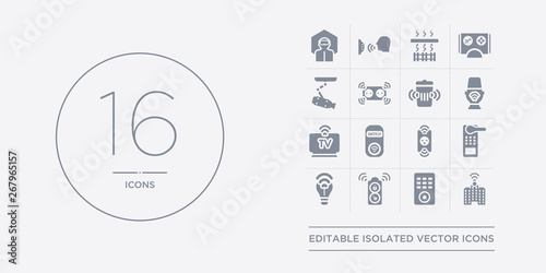16 vector icons set such as smart city, smart home console, smart key, lamp, lock contains plug, switch, television, toilet. city, home console, key from home outline icons