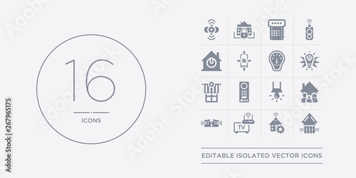 16 vector icons set such as heating, home automation, home devices, house, household contains illumination, intercom, jalousie automation, light. heating, home automation, devices from smart outline