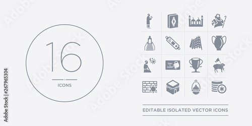 16 vector icons set such as jewish coins, jewish incense, kaaba, kotel, lamb of god contains laver of washing, lion of  judah, maghrib prayer, manna jar. jewish coins, incense, kaaba from religion