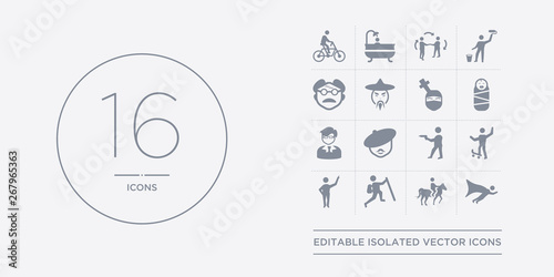 16 vector icons set such as man flying, man horseriding, man in hike, pointing, riding skateboarding contains shooting, with beret, manager face, newborn. flying, horseriding, in hike from people