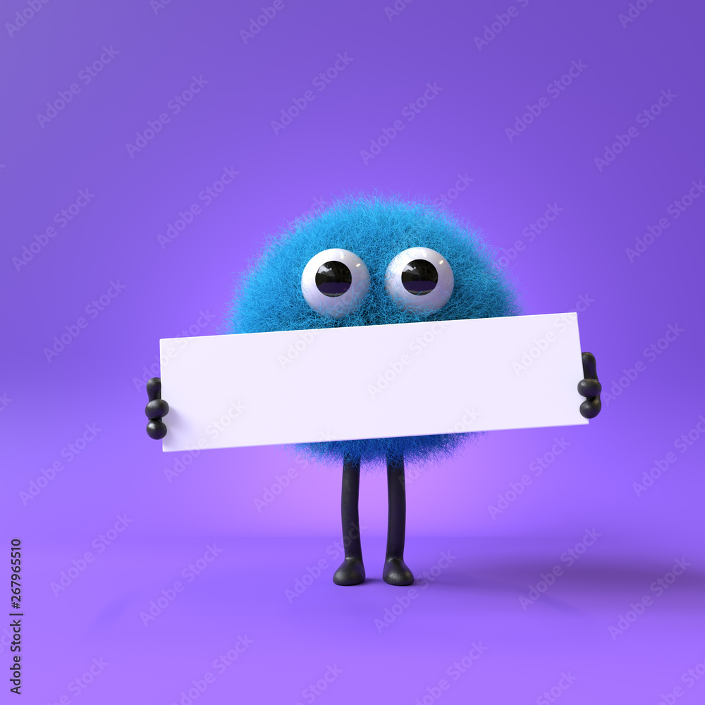 3d cute monster holding up a blank sign,colorful cartoon character,empty banner