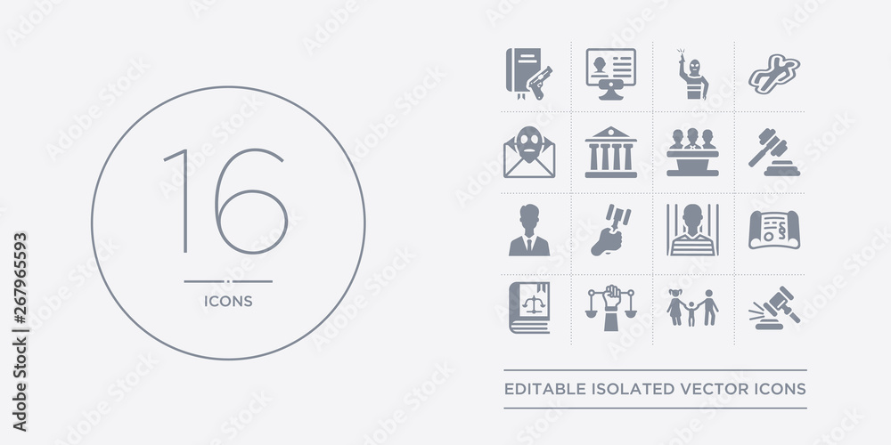16 vector icons set such as case closed, child custody, civil rights, constitutional law, contract law contains convict, corporative law, counsel, court. case closed, child custody, civil rights 16 vector icons set such as case closed, child custody, civil rights, constitutional law, contract law contains convict, corporative law, counsel, court. case closed, child custody, civil rights