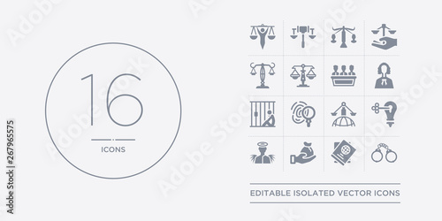 16 vector icons set such as handcuffs, immigration, inheritance law, innocent, intellectual property contains international law, investigation, jail, judge. handcuffs, immigration, inheritance law