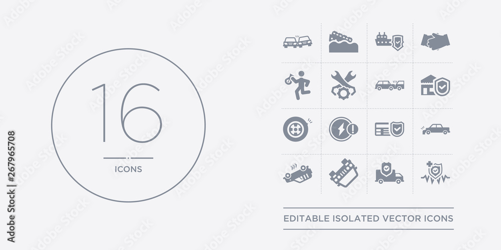 16 vector icons set such as medical insurance, moving insurance, overturned car, overturned vehicle, parking crash contains payment protection, problem electric, puncture in a wheel, real estate 16 vector icons set such as medical insurance, moving insurance, overturned car, overturned vehicle, parking crash contains payment protection, problem electric, puncture in a wheel, real estate