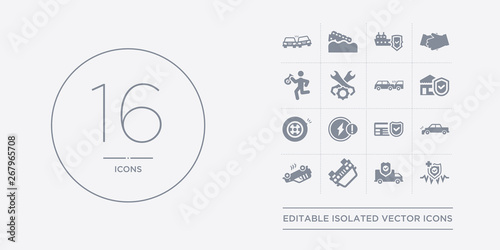 16 vector icons set such as medical insurance, moving insurance, overturned car, overturned vehicle, parking crash contains payment protection, problem electric, puncture in a wheel, real estate