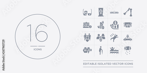 16 vector icons set such as disaster, drown, elderly, engine problems, excessive weight for the vehicle contains falling, familiar insurance, family care, family house. disaster, drown, elderly from