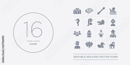 16 vector icons set such as palace, pegasus, phoenix, pinocchio, pirate contains potion, princess, protagonist, queen. palace, pegasus, phoenix from fairy tale outline icons