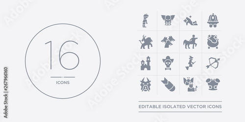 16 vector icons set such as armor, antagonist, atomic bomb, beast, bow and arrow contains broomstick, caribbean, castle, cauldron. armor, antagonist, atomic bomb from fairy tale outline icons