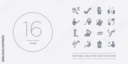 16 vector icons set such as typhus, ulcerative colitis, ulcers, uremia, urticaria contains uveitis, varicella, varicose veins, vasovagal syncope. typhus, ulcerative colitis, ulcers from diseases