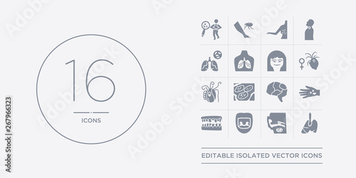 16 vector icons set such as thymoma, tinnitus, tonsillitis, tooth decay, toxic shock syndrome contains traumatic brain injury (tbi), trichinosis, trichomonas infection (trichomoniasis),