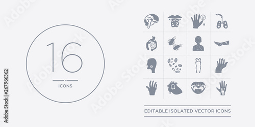 16 vector icons set such as repetitive strain injury, rheumatic fever, rheumatic heart, rheumatism, rheumatoid arthritis contains rickets, rift valley fever, ring worms, rocky mountain spotted