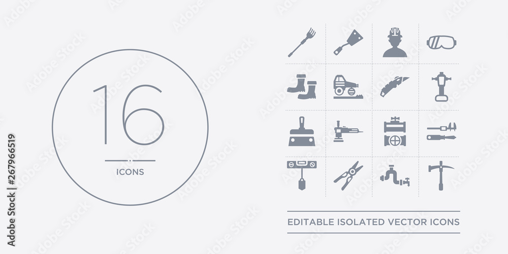 16 vector icons set such as pick axe, pipe, plier, plumb bob, plumb rule tool contains plumbing pipes, polishers, putty knife, rammer. pick axe, pipe, plier from construction outline icons