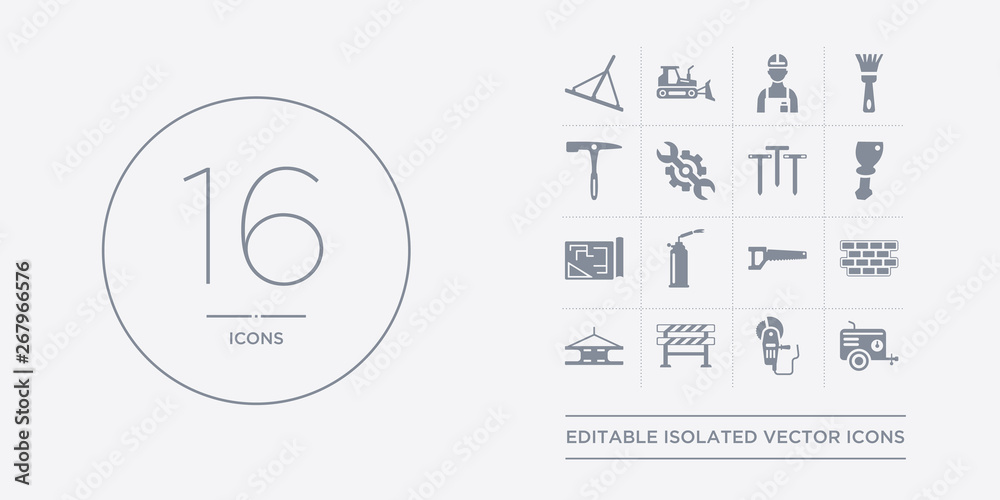 16 vector icons set such as air compressor, angle grinder, barrier, beam, birck wall contains blade saw, blowtorch, print, bolster. air compressor, angle grinder, barrier from construction outline