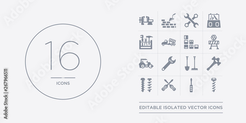 16 vector icons set such as screw, screwdriver, screwdrivers, screws, sledge hammer contains spade tool, spanner, steamroller, stopping. screw, screwdriver, screwdrivers from construction outline