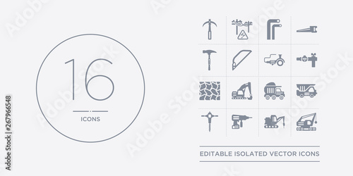 16 vector icons set such as demolition, digging bar, drill, driller, dump truck contains dumper, excavator, floor, gas pipe. demolition, digging bar, drill from construction outline icons