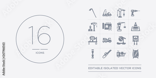 16 vector icons set such as cement, cement mixers, chainsaw, chisel, circuit breaker contains circular saw, concrete, concrete mixer, cone. cement, mixers, chainsaw from construction outline icons