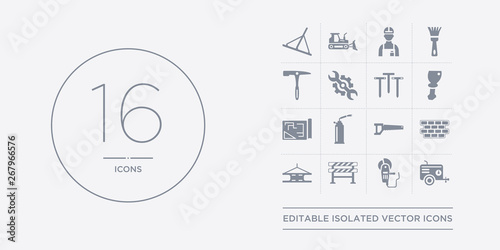 16 vector icons set such as air compressor, angle grinder, barrier, beam, birck wall contains blade saw, blowtorch, print, bolster. air compressor, angle grinder, barrier from construction outline