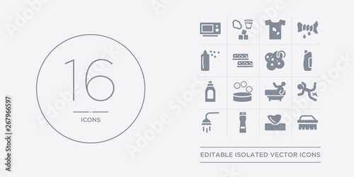 16 vector icons set such as scrub brush, serviette, shampoo, shower head, slippery contains soak, soap, softener, solvent. scrub brush, serviette, shampoo from cleaning outline icons