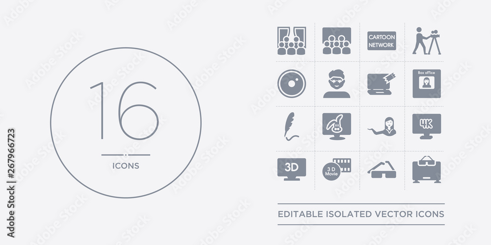 Φωτογραφία 16 vector icons set such as 3 dimension screen, 3d glasses, 3d movie, 3d television, 4k contains actress, animation, author, box office