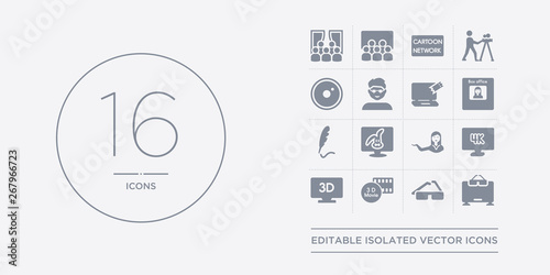 16 vector icons set such as 3 dimension screen, 3d glasses, 3d movie, 3d television, 4k contains actress, animation, author, box office. 3 dimension screen, glasses, movie from cinema outline icons