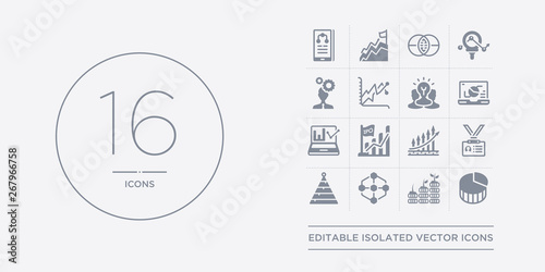 16 vector icons set such as graph pie, growth, hexagonal interconnections, hierarchy, id card contains increasing stocks, ipo, laptop profits graphics, laptop with analysis. graph pie, growth,