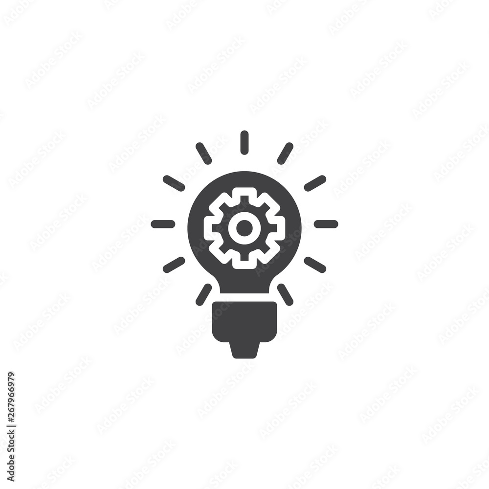 Idea lamp with gear vector icon. filled flat sign for mobile concept and web design. Creative think glyph icon. Symbol, logo illustration. Pixel perfect vector graphics Idea lamp with gear vector icon. filled flat sign for mobile concept and web design. Creative think glyph icon. Symbol, logo illustration. Pixel perfect vector graphics