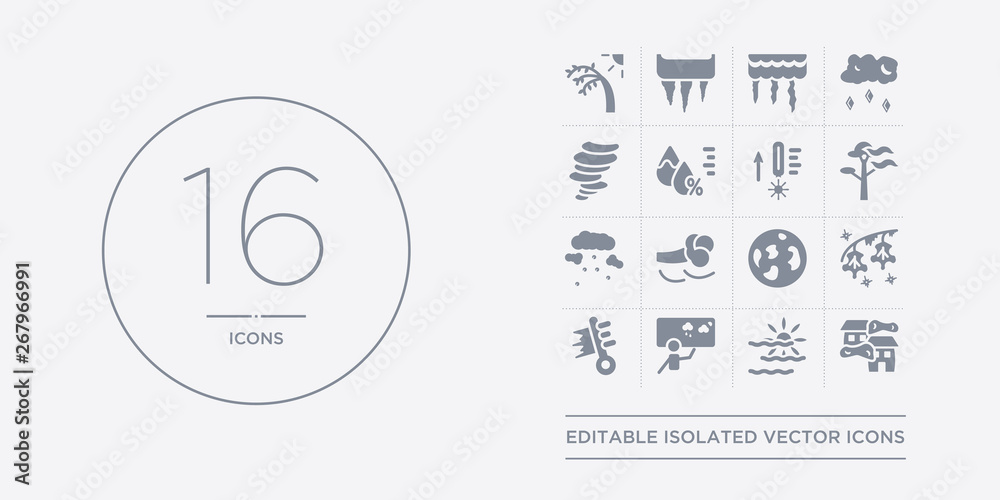 16 vector icons set such as foggy, foggy day, forecast, freezing, frost contains full moon, gust, hailstorm, haze. foggy, day, forecast from weather outline icons