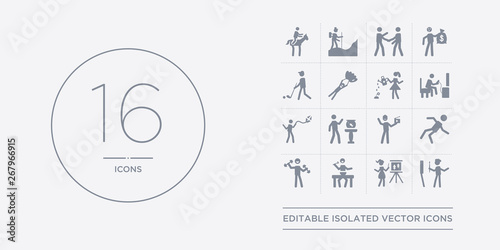 16 vector icons set such as drawing, easel, eating, exercising, failure contains film making, fish bowl, flying a kite, game playing. drawing, easel, eating from activity and hobbies outline icons