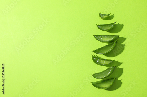 Aloe vera slices on color background, space for text. Natural treatment